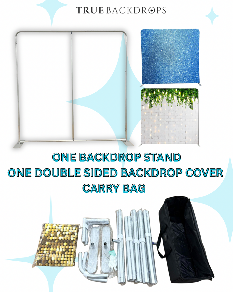 True Backdrops frame with double-sided tension fabric cover, versatile backdrop setup for photography or events.