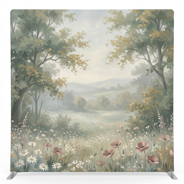 Hazy Meadow Morning Pillowcover Backdrop by True Backdrops, featuring soft pastel colors and floral design for photography or decor.