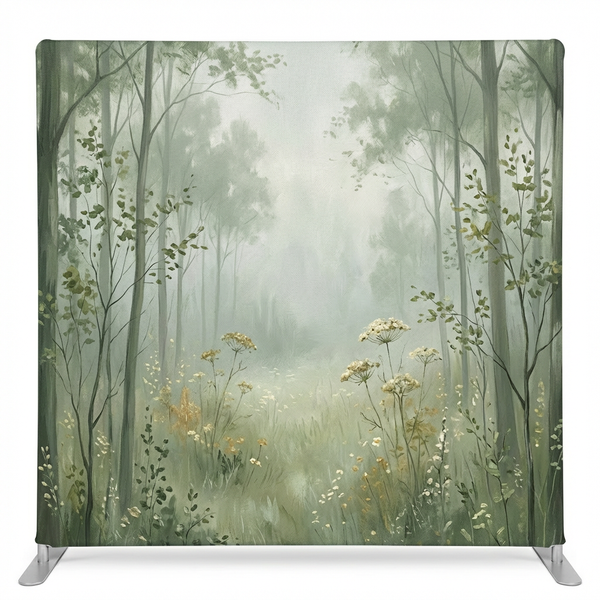 True Backdrops Misty Morning Meadow Pillowcover Backdrop, printed fabric with soft pastel meadow scene for photography or decor.