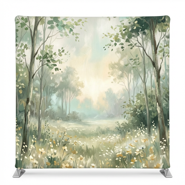 Morning Mist Meadow Pillowcover Backdrop by True Backdrops, featuring a floral pattern with soft pastel tones and natural meadow scenery.