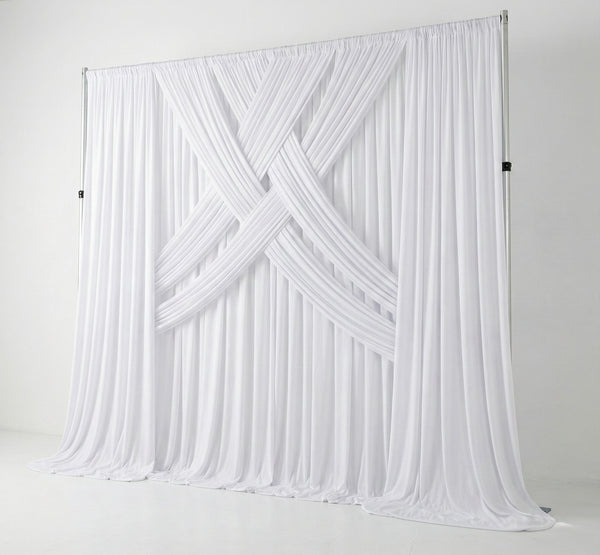 Pre-pleated drapery backdrop with pole pocket from True Backdrops, showing elegant fabric hanging neatly for photography or decor.