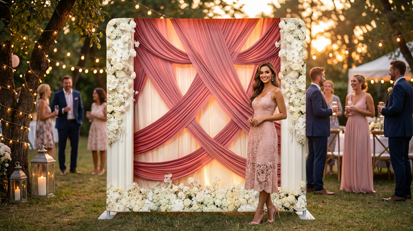 Blushing Willow Arches Pillowcover Backdrop featuring soft pink fabric and decorative arches for elegant home decor.