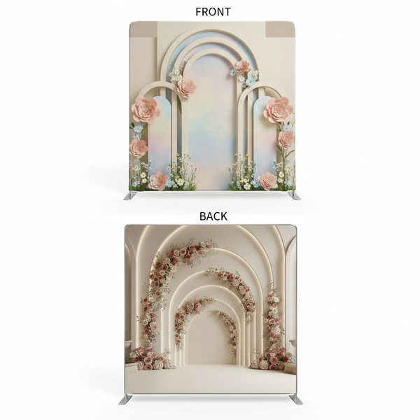Double-sided Serene Everlasting pillowcover backdrop by True Backdrops, showing soft fabric with floral and abstract patterns.
