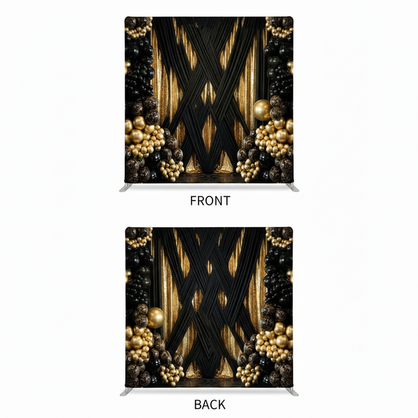 Double-sided pillowcover backdrop in midnight gold with intricate patterns, designed for elegant photography settings.