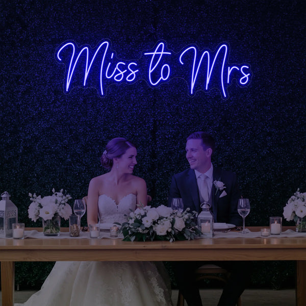 Miss to Mrs wedding neon sign by Light Your Way, vibrant LED neon sign for wedding decor, with bright illuminated text.