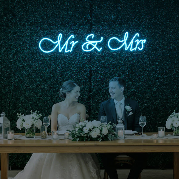 Mr & Mrs V2 wedding neon sign by Light Your Way, featuring illuminated LED text for romantic wedding decor.