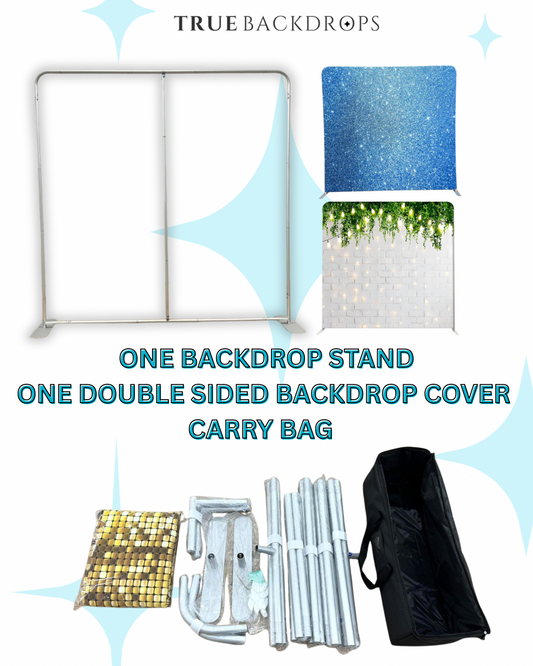 True Backdrops frame with double-sided tension fabric cover bundle, showcasing a sturdy backdrop setup for photography or events.