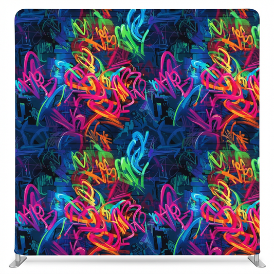 Electric Midnight Graffiti Pillowcover Backdrop by True Backdrops featuring vibrant graffiti patterns on a soft fabric.