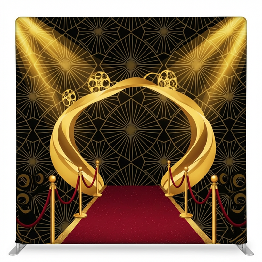 Gilded Premiere Night Pillowcover Backdrop by True Backdrops showcasing luxurious gold and deep blue design elements.