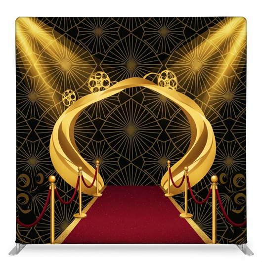Gilded Premiere Night Pillowcover Backdrop by True Backdrops showcasing luxurious gold and deep blue design elements.