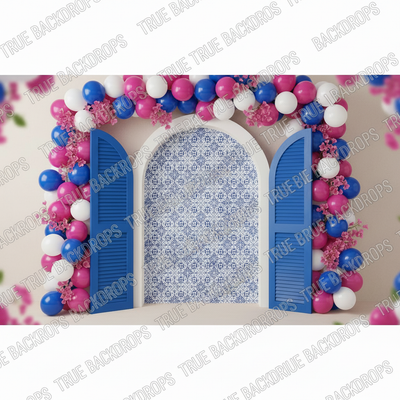 Digital backdrop featuring a festive Santorini celebration scene with vibrant skies and scenic architecture, by True Backdrops.