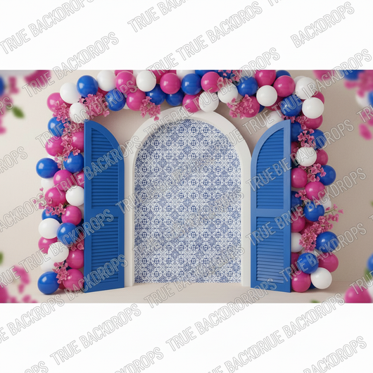 Digital backdrop featuring a festive Santorini celebration scene with vibrant skies and scenic architecture, by True Backdrops.