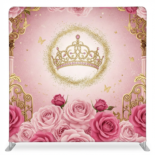 Gilded Tiara Rose Pillowcover Backdrop by True Backdrops, featuring elegant gold and pink floral design for photography and decor.