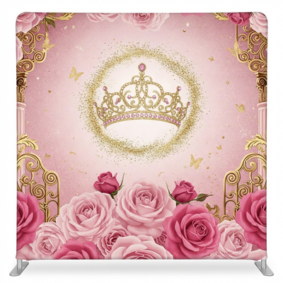 Gilded Tiara Rose Pillowcover Backdrop by True Backdrops, featuring elegant gold and pink floral design for photography and decor.