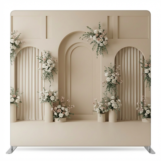 Champagne-colored archway pillowcover backdrop by True Backdrops with elegant design, perfect for photo shoots and decorative displays.