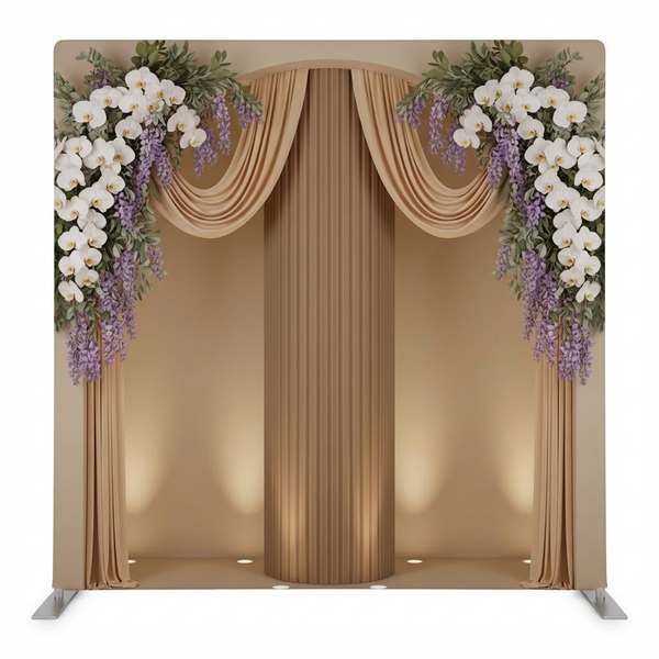 Gilded Orchid Sanctuary pillowcover backdrop by True Backdrops featuring a luxurious floral design on fabric.