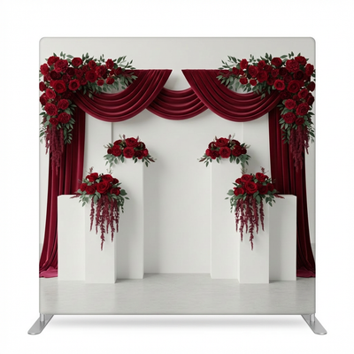 Crimson heirloom double-sided pillowcover backdrop by True Backdrops, showing rich red and patterned fabric on both sides.