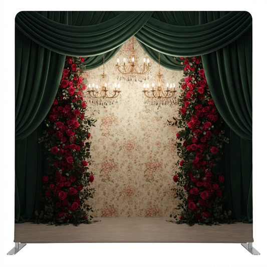 Emerald Manor Waltz pillowcover backdrop by True Backdrops, featuring a vibrant green floral design and decorative pillow pattern.