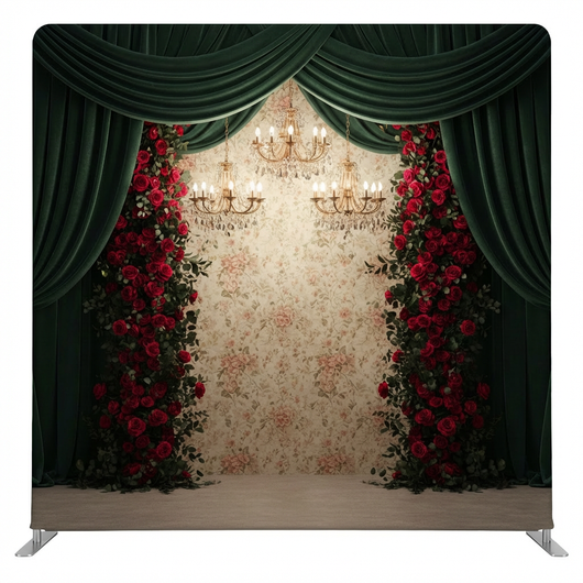 Emerald Manor Waltz pillowcover backdrop by True Backdrops, featuring a vibrant green floral design and decorative pillow pattern.