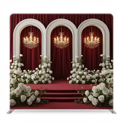 Crimson Moonlight Sonata pillowcover backdrop with artistic moon and musical notes design, perfect for photography or decor.