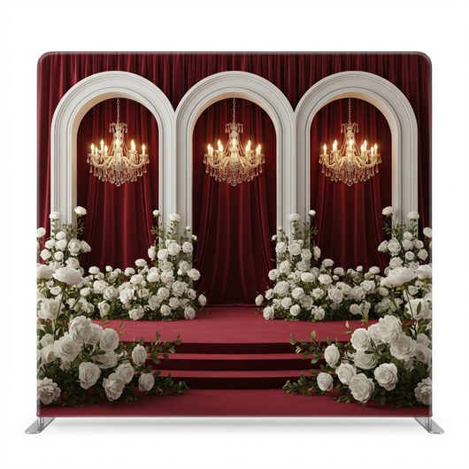 Crimson Moonlight Sonata pillowcover backdrop with artistic moon and musical notes design, perfect for photography or decor.
