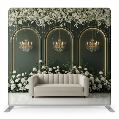 Double-sided Emerald Manor pillowcover backdrop by True Backdrops, featuring vibrant green floral and textured fabric designs.