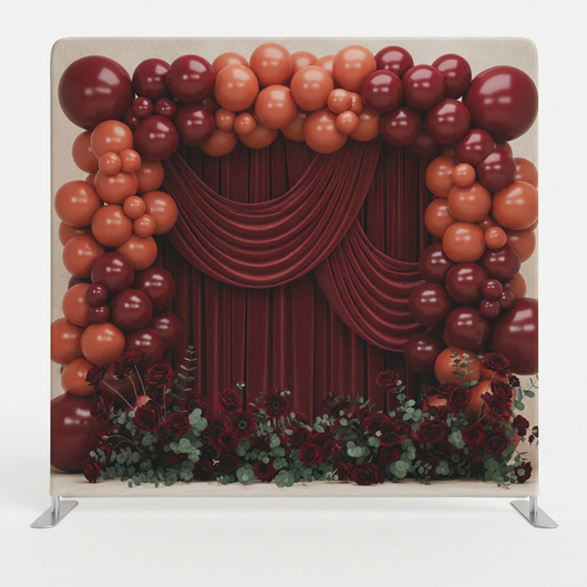 Crimson heirloom double-sided pillowcover backdrop by True Backdrops, featuring rich red fabric with decorative patterns on both sides.
