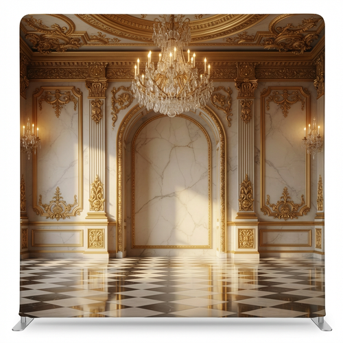 Gilded Versailles Palace pillowcover backdrop by True Backdrops featuring ornate gold detailing and elegant architectural design.