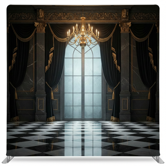 True Backdrops Midnight Grandeur Pillowcover Backdrop displaying a luxurious, dark-themed fabric with elegant design details.