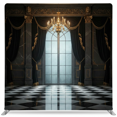 True Backdrops Midnight Grandeur Pillowcover Backdrop displaying a luxurious, dark-themed fabric with elegant design details.
