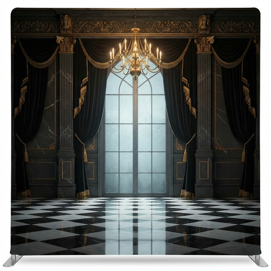 True Backdrops Midnight Grandeur Pillowcover Backdrop displaying a luxurious, dark-themed fabric with elegant design details.