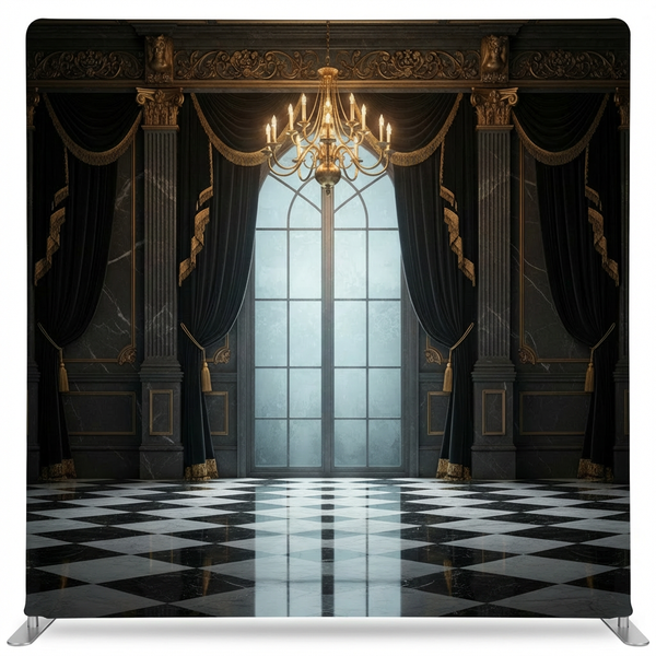 True Backdrops Midnight Grandeur Pillowcover Backdrop displaying a luxurious, dark-themed fabric with elegant design details.