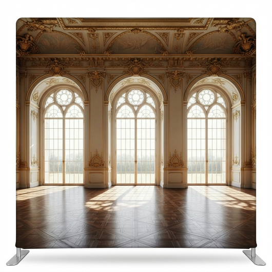 Gilded Morning Hall pillowcover backdrop by True Backdrops featuring a luxurious gold-toned fabric with ornate detailing.