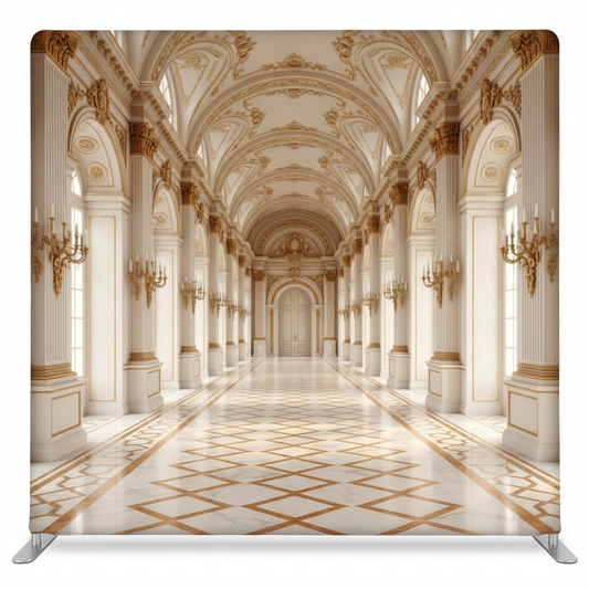 Gilded Palace Hall pillowcover backdrop by True Backdrops featuring ornate gold detailing and luxurious design for elegant decor.