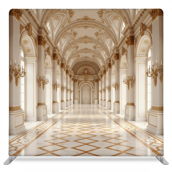 Gilded Palace Hall pillowcover backdrop by True Backdrops featuring ornate gold detailing and luxurious design for elegant decor.