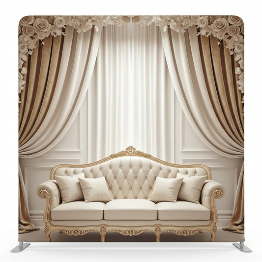 Champagne Rose Elegance pillowcover backdrop by True Backdrops featuring soft pink rose design for romantic decor.