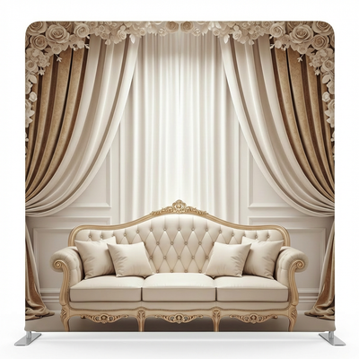 Champagne Rose Elegance pillowcover backdrop by True Backdrops featuring soft pink rose design for romantic decor.