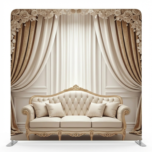 Champagne Rose Elegance pillowcover backdrop by True Backdrops featuring soft pink rose design for romantic decor.