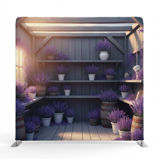 Lavender potting shed pillowcover backdrop by True Backdrops, featuring a charming garden scene with lavender and gardening tools.