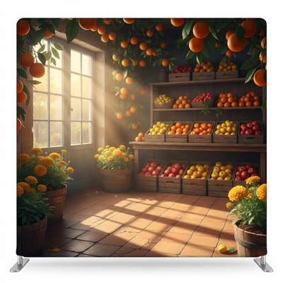 Sunlit orchard market-themed pillowcover backdrop by True Backdrops, featuring vibrant fruit and orchard scene for photography or decor.