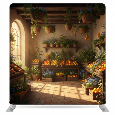 Sunlit citrus market pillowcover backdrop by True Backdrops featuring vibrant citrus and market scene design.