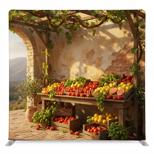 Tuscan Harvest Terrace pillowcover backdrop by True Backdrops, showing a scenic outdoor landscape with lush greenery and sunset sky.