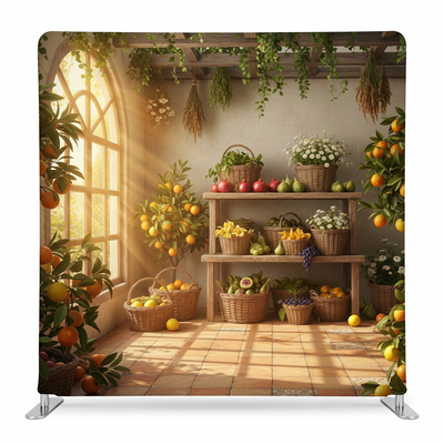 Sunlit citrus grove pillowcover backdrop by True Backdrops, featuring vibrant citrus fruits and lush greenery.