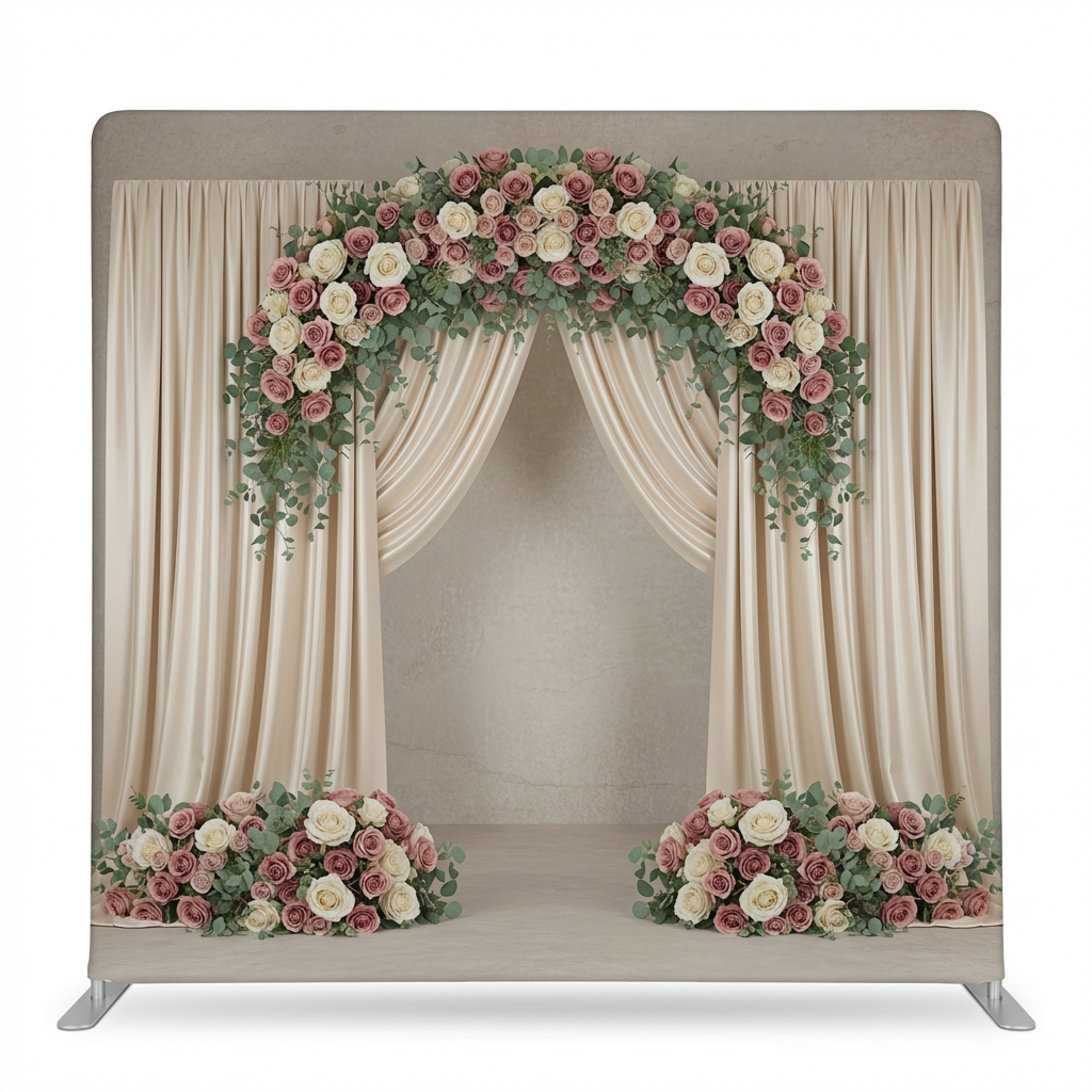 Champagne rose arch pillowcover backdrop with soft fabric and floral design, ideal for elegant event decor by True Backdrops