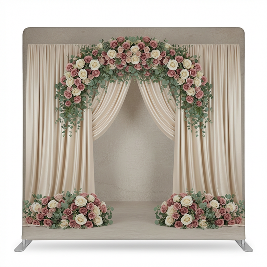 Champagne Rose Arch Pillowcover Backdrop by True Backdrops featuring soft rose and arch design for decorative photography backgrounds.