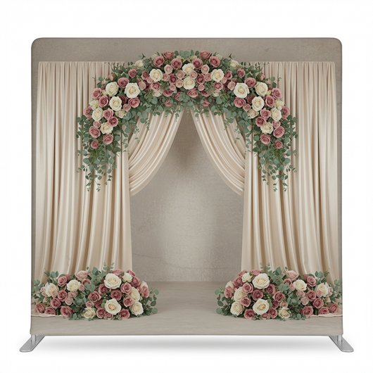 Champagne Rose Arch Pillowcover Backdrop by True Backdrops featuring soft rose and arch design for decorative photography backgrounds.