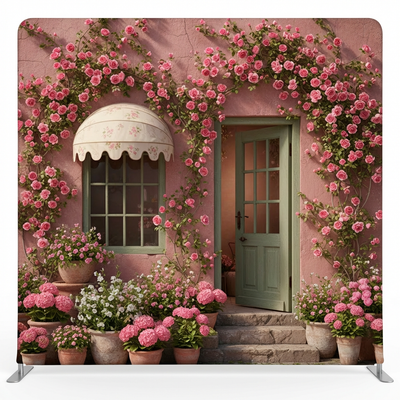 Primrose Cottage doorway pillowcover backdrop by True Backdrops, featuring a charming floral scene with pastel colors and garden details.