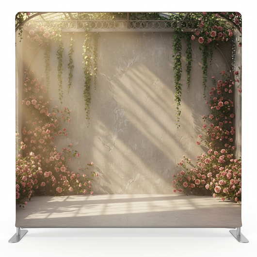 Sunlit conservatory rose pillowcover backdrop by True Backdrops, featuring a floral pattern with vibrant roses and soft natural lighting.
