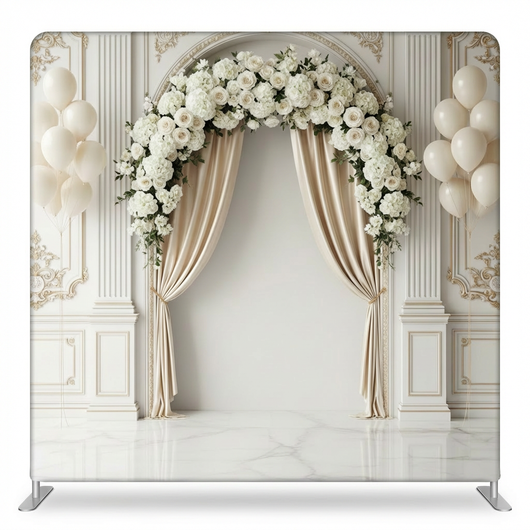 Ivory celebration arch pillowcover backdrop with elegant fabric, perfect for event decor or photo backgrounds.