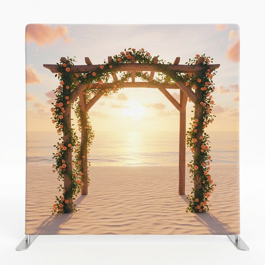 Sunset shoreline pillowcover backdrop by True Backdrops, featuring vibrant ocean sunset scene on fabric for photography or decor.